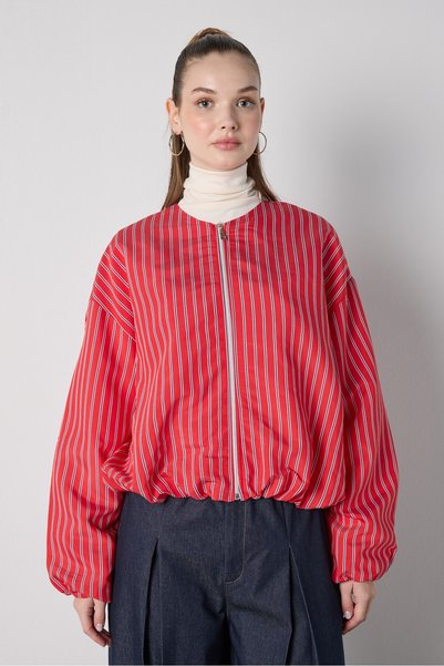 mina aise Women's Red Lined Striped Bomber Jacket 32060