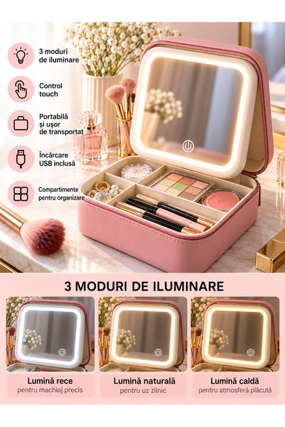 OEM Organizator Machiaj cu Oglinda LED, 3 Moduri de Iluminare, Portfard pentru Cosmetice si Bijuterii, Control Tactil, USB, Roz