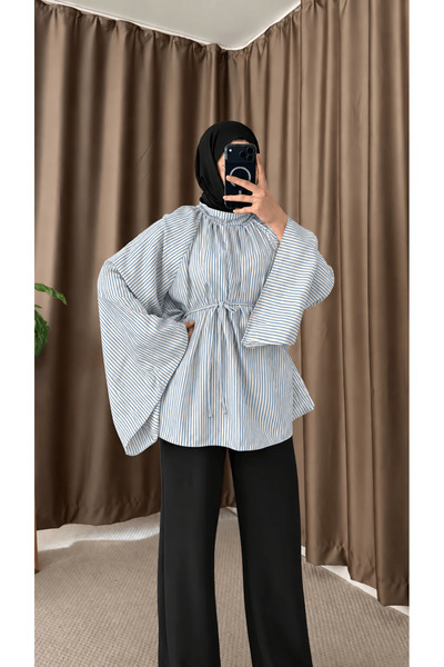 Hepsi Moda Spanish Sleeve Thin Striped Oversize Tunic Hpm - White & Blue
