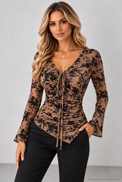 moda wanilia بلوزة نسائية بأكمام طويلة وياقة على شكل حرف V وتفاصيل مزركشة ورب...