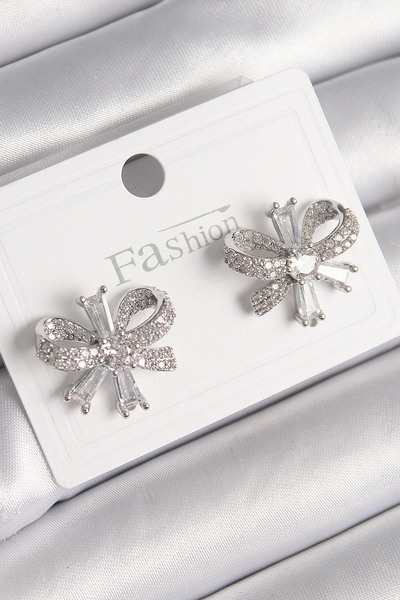 BlackCraft Brass Silver Color Zircon Stone Bow Model Women's Earrings