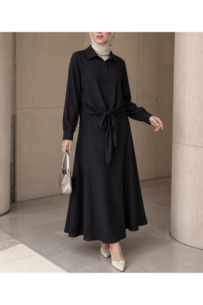 Hepsi Moda طقم تنورة من الساتان مع ربطة أمامية منقوشة - 5163 - أسود