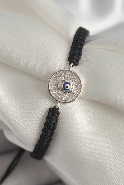 BlackCraft Brass Silver Color Zircon Stone Evil Eye Bead Embellished Macrame ...