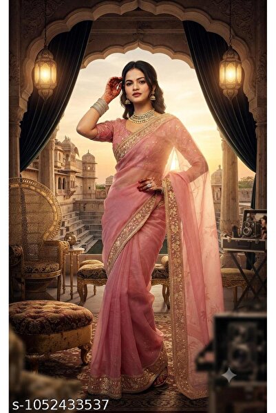 Generic Brand Fancy Designer Pink Color Net Pretty Sarees with New Fancy Bord...