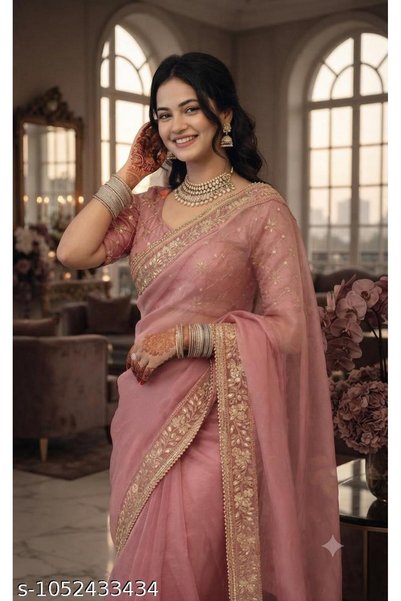 Generic Brand Pink Embroidered Net Temple Border Saree