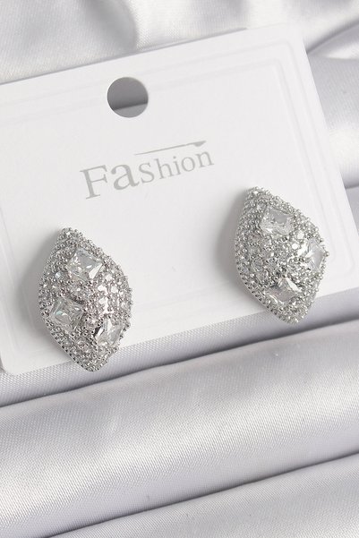 BlackCraft Brass Silver Color Zircon Stone Embellished Drop Model Women's Ear...