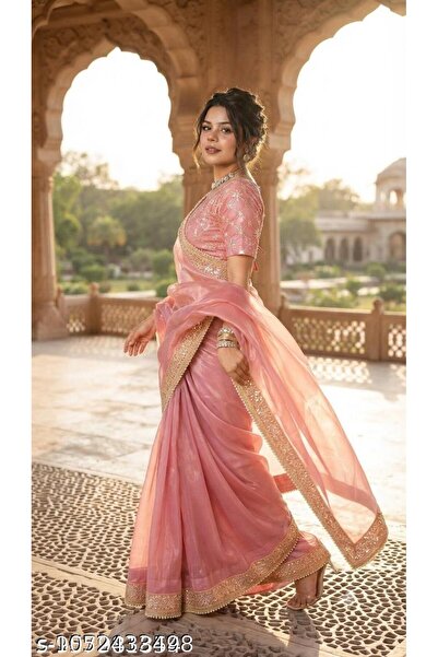 Generic Brand Trendy Pink Color Net Saree with Sequins and Lace Border