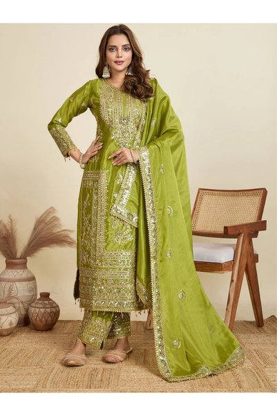 MYSMAR Green Chinon Embroidered Three-Piece Suit Set - FFT102117 | Green-Size...