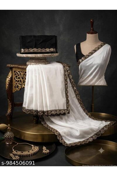 Generic Brand Party Wear White Color Plain Lace Border Saree with Embroidered...