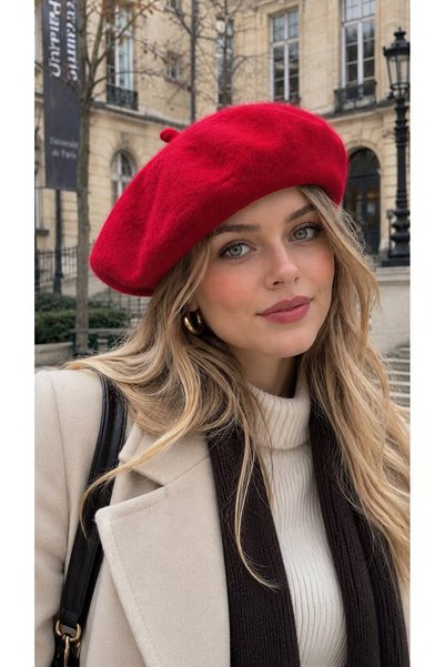 BALIENTE Red Soft Textured Feathered French Painter Beret and Gloves Set of 2