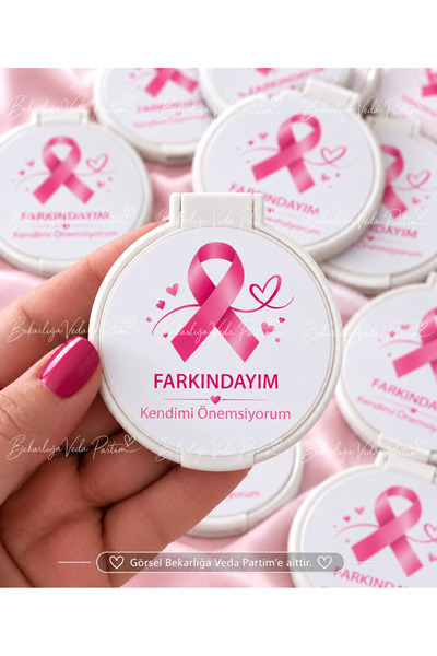 Genel Markalar Farkındalık Ayı Pembe Kurdeleli Etiket Baskılı Cep Aynası 10 adet
