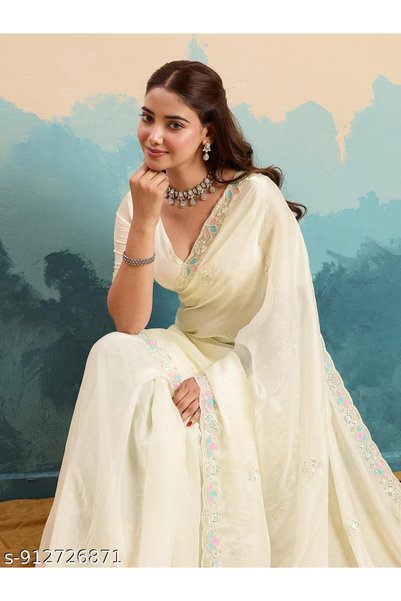 Generic Brand TTH Women's Embroidered Tissue Saree with Blouse | Party Wear