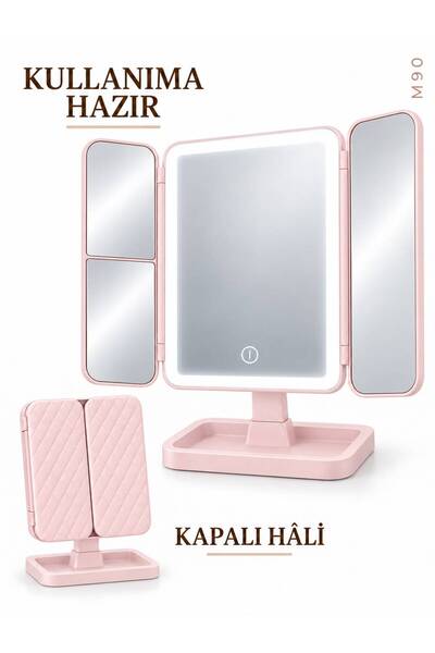 M90 3 Panel Katlanır Masa Üstü Ledli Usbli Makyaj Aynası