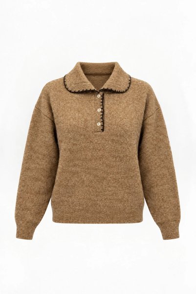 Ladima Women's Mocha Embroidery and Button Detailed Polo Collar Soft Textured...