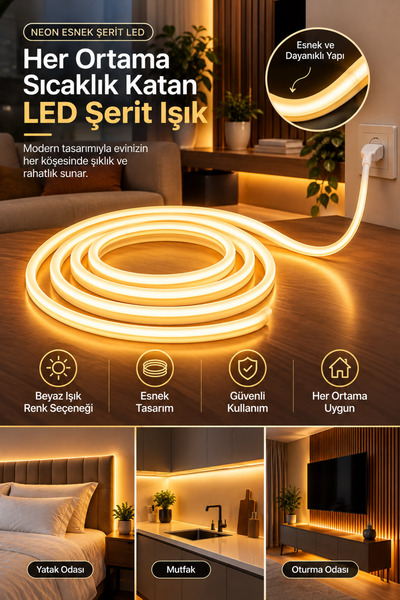LePold COB LED Neon Şerit Işık 5 Metre Gün Işığı 220V Fişli Kendinden Yapışka...