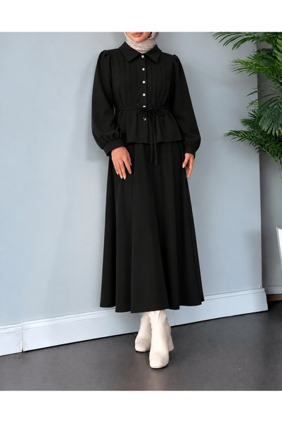 Hepsi Moda Shoulder Pleated Skirt Suit - 8100 - Black