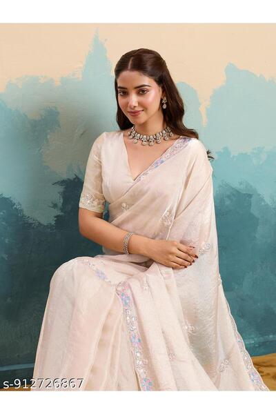 Generic Brand TTH Women's Embroidered Tissue Saree with Blouse | Party Wear