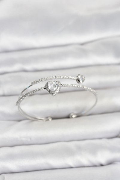 BlackCraft Brass Silver Color Heart Model Zircon Stone Women's Bracelet
