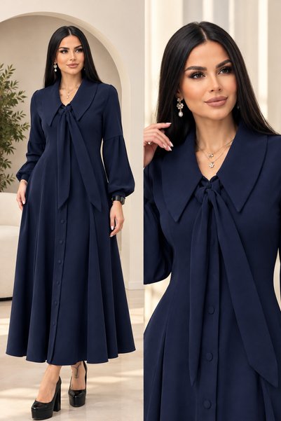 ventura butik Geniş Yakalı Fiyonk Detaylı Düğmeli Midi Elbise