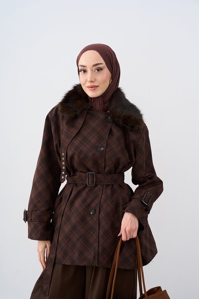 LOCCO Women's Collared Fur Lined Plaid Detail Jacket Brown