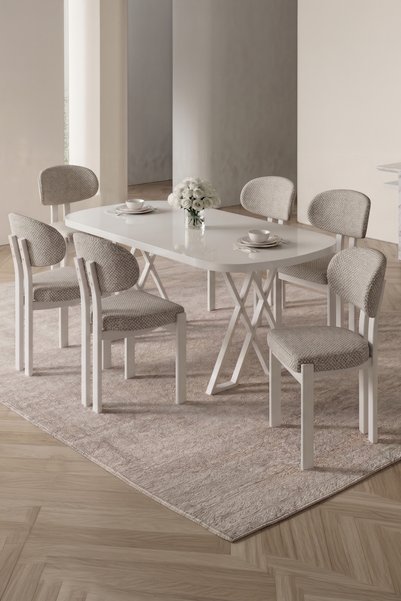 asaella mobilya Opss 90x168 Beyaz Mdf Masa, Metal X Ayak, Metal Sandalye, 6 K...