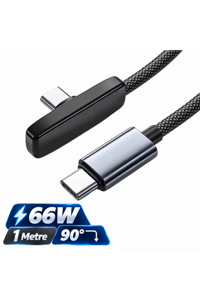 Alfais 6068 Type C Hızlı Data Şarj Telefon Kablosu 90 Derece Yan Dirsek Uçlu 66W Örgülü Veri 1 Metre