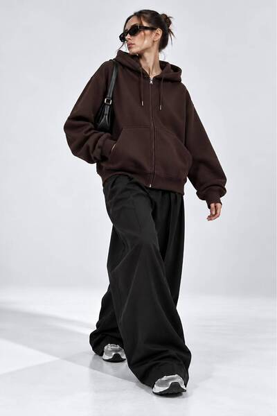 Hira Online Oversize Unisex Three-Thread Ribbed Zippered Hooded Sweatshirt