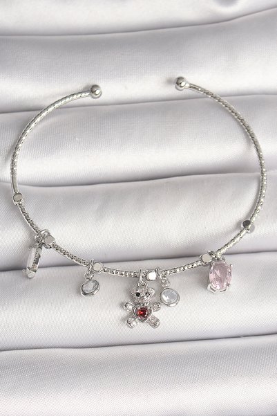 BlackCraft Brass Silver Color Hanging Zircon Stone Teddy Bear Figure Red Ston...