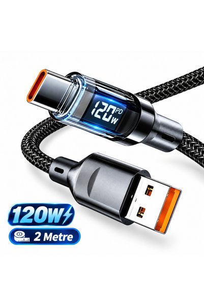 Alfais 6056 Usb Type C Hızlı Telefon Data Şarj Kablosu Led Ekranlı Dijital 120W Veri Kablosu 2 Metre