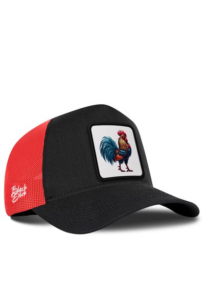 BlackBörk Cordura Black-Red Trucker Hat with Rooster Logo