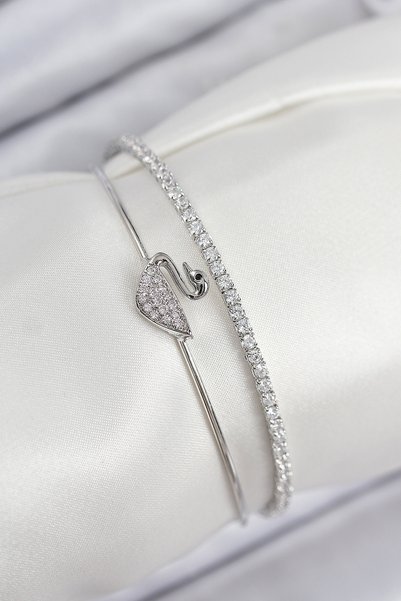 BlackCraft Brass Zircon Stone Swan Model Silver Color Women's Bracelet