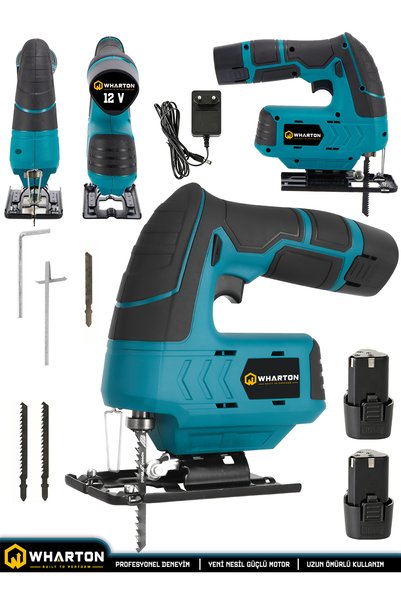 wharton 12V Çift Akü-Batarya Şarjlı Dekupaj Testere 45 Derece Açılı Kesim Ahşap Kesme Makinesi Seti
