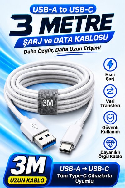 Genos Xiaomi 67W Hızlı Şarj Kablosu Redmi Note 14 13 12 11 Pro 5G ile Uyumlu USB-C 6A 67 W Hızlı Şarj Kablosu– 3 Metre
