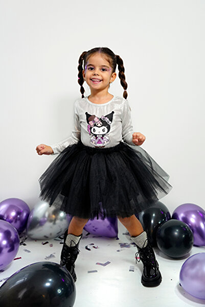 DUCA KIDS Şapkalı Tavşan Baskılı Işıltılı Uzun Kollu Body & Siyah Tütü Etek