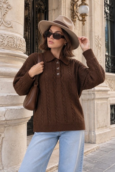 Arbucky Women's Buttoned Shirt Collar Hair Knitwear Sweater