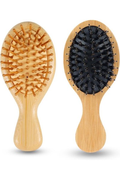 TERRIFI 2 Pcs Mini Bamboo Hair Brush Set, Portable Wooden Travel Brushes with...
