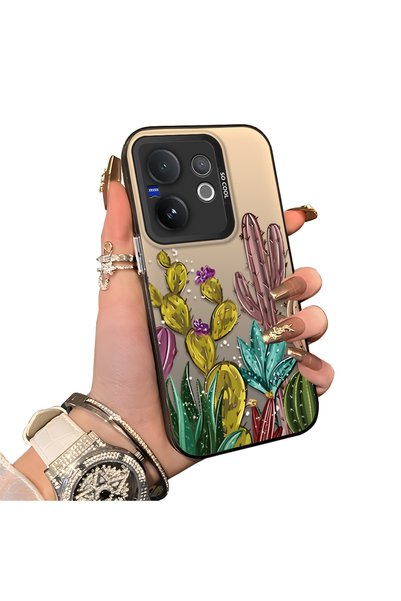 ucuc Vivo V60 Compatible Acrylic Hard Back Panel Silicone Edged Cactus Patter...