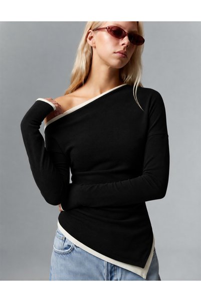CrepTekstil Women's Black Ecru Contrast Piping One-Shoulder Asymmetrical Long...