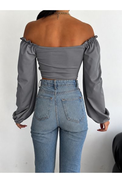 QUTTA Women's Gray Square Neck Striped Long Balloon Sleeve Diver Fabric Crop Blouse