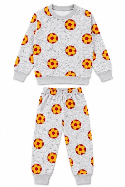 tusem butik homewear Boy's Cotton Gray Top Patterned Long Sleeve Winter Pajama Set