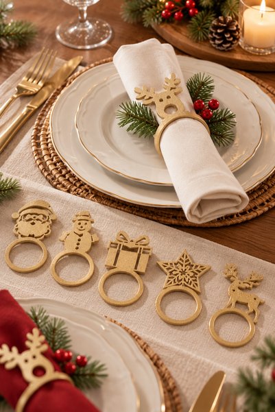 PELIUS Christmas Napkin Ring Set of 6 Gold Color 3D Printing Santa Claus Deer Snowman Snowflake Figured Stylish Christmas Table Ornament and Table Decoration