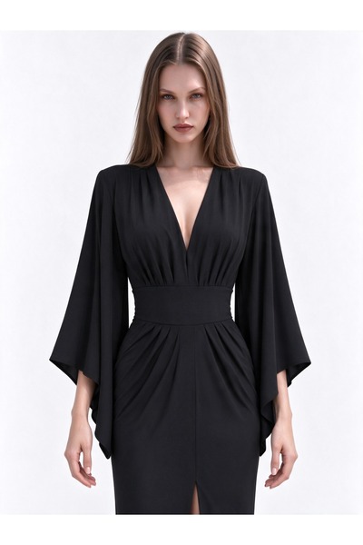 MDL V Yaka Şal Kol Elbise 262791