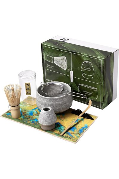EHOME Japanese Matcha Tea Set, 7Pcs Matcha Whisk Set with Matcha Bowl, Matcha Bamboo Whisk, Scoop, Whisk Holder, Stainless Steel Tea Sifter, Tea Making Kit