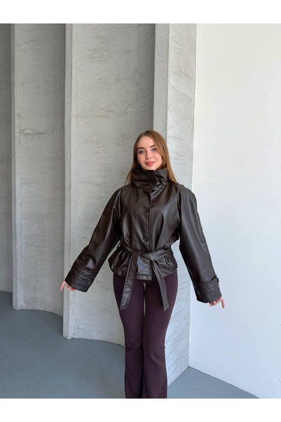 ÇEÇİM Women's Stand Collar Belted Leather Look Jacket