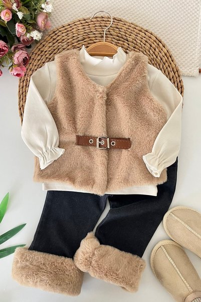Minigimin Cicileri Baby Girl 3-Piece Set with Fur Vest and Belt Detail - Beige