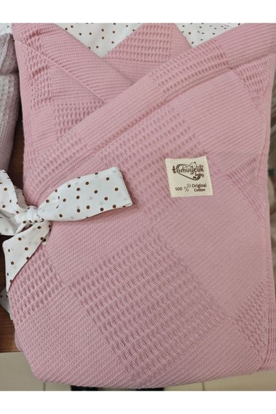 Tomuycuk Cotton Pique Baby Swaddle Blanket 85X85 cm – Fiber Filled Newborn Baby Swaddle with Pompom Bow