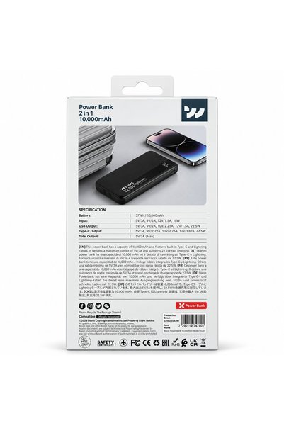 Generic Brand Boost BS201 10000mAh Power Bank, 22.5W Fast Charging Portable Charger with Built-in USB Type-C & Lightning Cables, Digital Battery Display, USB-C Input & Output.