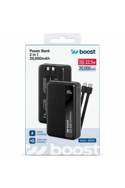 Generic Brand Boost BS203 20000mAh Power Bank, 22.5W Fast Charging Portable Charger with Built-in USB Type-C & Lightning Cables, Digital Battery Display, High Capacity External Battery Pack for Smartphones, Black