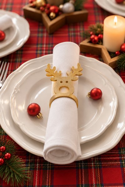 PELIUS Christmas Napkin Ring Set of 6 Gold Color 3D Printing Santa Claus Deer Snowman Snowflake Figured Stylish Christmas Table Ornament and Table Decoration