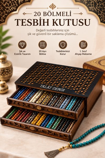 kutuTR Kişiye Özel Ahşap Tesbih Kutuları Tekli, 2, 3, 4 ve 5 Katlı Modeller Lazer Kesim Siyah Desenli Kapak (İnce Tesbihler İçin) TDS005